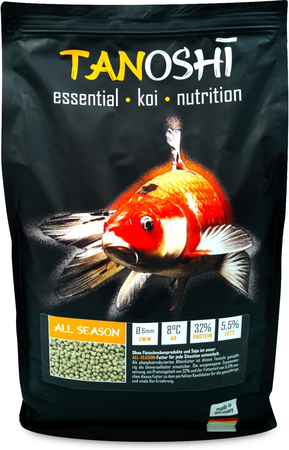 Tanoshi Koifutter – Ganzjährig 5 kg 6 mm | Schwimmendes Ganzjahres-Koi-Alleinfutter für eine ausgewogene Koi-Ernährung mit Lachsöl Tanoshi Koifutter – Ganzjährig 5 kg 6 mm | Schwimmendes Ganzjahres-Koi-Alleinfutter für eine ausgewogene Koi-Ernährung mit Lachsöl