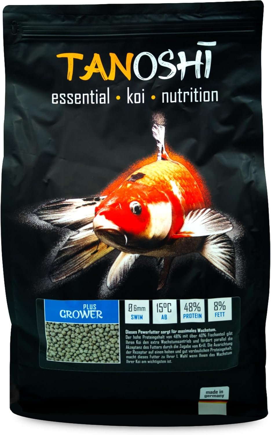 Tanoshi Koi Food Grower Plus 5 kg 6 mm schwimmendes Komplettfutter für Koi für maximales Koi-Wachstum mit Lachsöl und Krill Tanoshi Koi Food Grower Plus 5 kg 6 mm schwimmendes Komplettfutter für Koi für maximales Koi-Wachstum mit Lachsöl und Krill