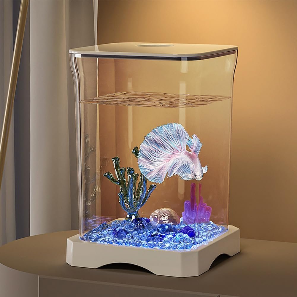 Aquarium-Starter-Sets, Schreibtisch-Aquarium-Komplettset mit Futteröffnung oben und integrierter Bodenleuchte, 12 x 12 x 18 cm großes Mini-Tisch-Aquarium für Betta-Fische, Garnelen, Goldfische – Weiß Aquarium-Starter-Sets, Schreibtisch-Aquarium-Komplettset mit Futteröffnung oben und integrierter Bodenleuchte, 12 x 12 x 18 cm großes Mini-Tisch-Aquarium für Betta-Fische, Garnelen, Goldfische – Weiß