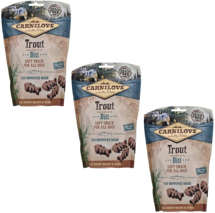 Carnilove Soft Snack Forelle angereichert mit Dill, 3er Pack, 3 x 200 g, Leckerbissen für Hunde, Forelle und Dill, ohne Zuckerzusatz, exotischer Fleischgeschmack Carnilove Soft Snack Forelle angereichert mit Dill, 3er Pack, 3 x 200 g, Leckerbissen für Hunde, Forelle und Dill, ohne Zuckerzusatz, exotischer Fleischgeschmack