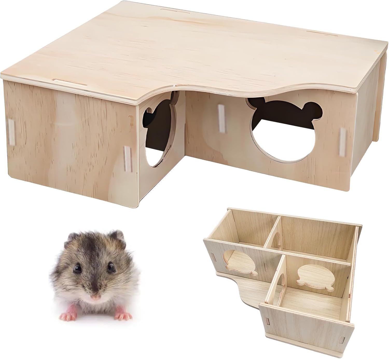 SenZee Hamsterhaus aus Holz, Mehrkammerhaus, Hamsterversteck, Holzhaus, Eckhaus mit Deckel, Zubehör für Kleintiere SenZee Hamsterhaus aus Holz, Mehrkammerhaus, Hamsterversteck, Holzhaus, Eckhaus mit Deckel, Zubehör für Kleintiere