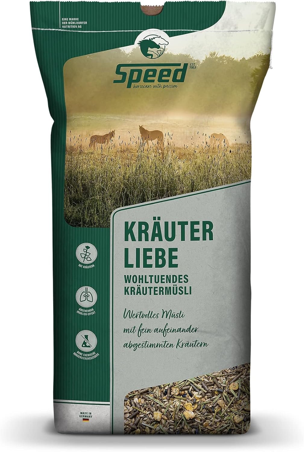 Speed Herbs Love, 1 x 20 kg, Pferdefutter mit fein abgestimmten Kräutern, haferfreies Kräutergetreide, unterstützt die Atemwege, mit wohltuender Inhalationswirkung Speed Herbs Love, 1 x 20 kg, Pferdefutter mit fein abgestimmten Kräutern, haferfreies Kräutergetreide, unterstützt die Atemwege, mit wohltuender Inhalationswirkung