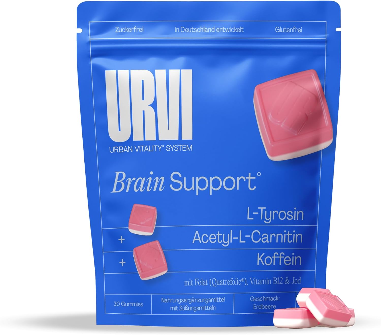 URVI Brain Gummies – Koffein, L-Carnitin, L-Tyrosin, mit Folat (Quatrefolic), Vitamin B12 und Jod – für die kognitive Funktion und das Nervensystem* – zuckerfrei – Erdbeergeschmack – Packung mit 30 Stück URVI Brain Gummies – Koffein, L-Carnitin, L-Tyrosin, mit Folat (Quatrefolic), Vitamin B12 und Jod – für die kognitive Funktion und das Nervensystem* – zuckerfrei – Erdbeergeschmack – Packung mit 30 Stück