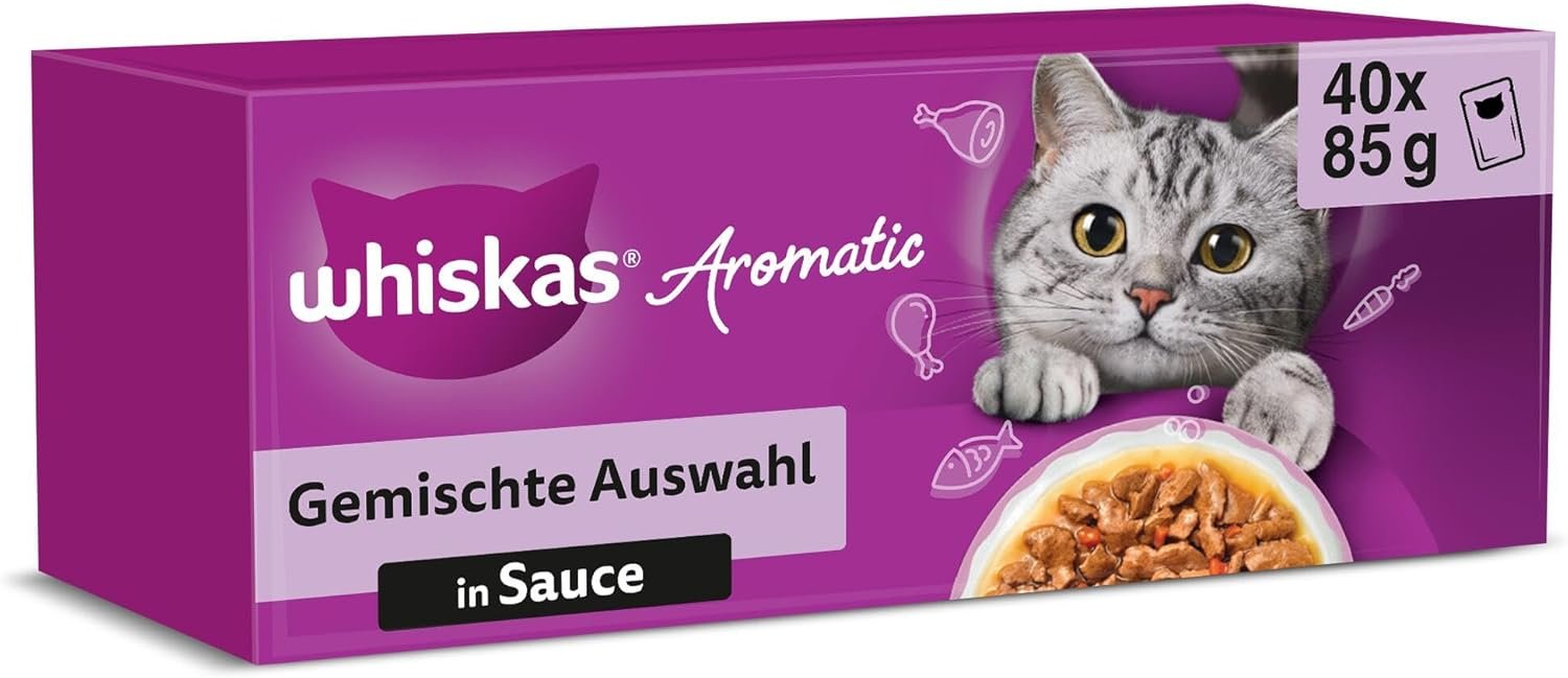 WHISKAS Aromatisches Nassfutter in Soße für Katzen, 40 x 85 g, Fischauswahl WHISKAS Aromatisches Nassfutter in Soße für Katzen, 40 x 85 g, Fischauswahl