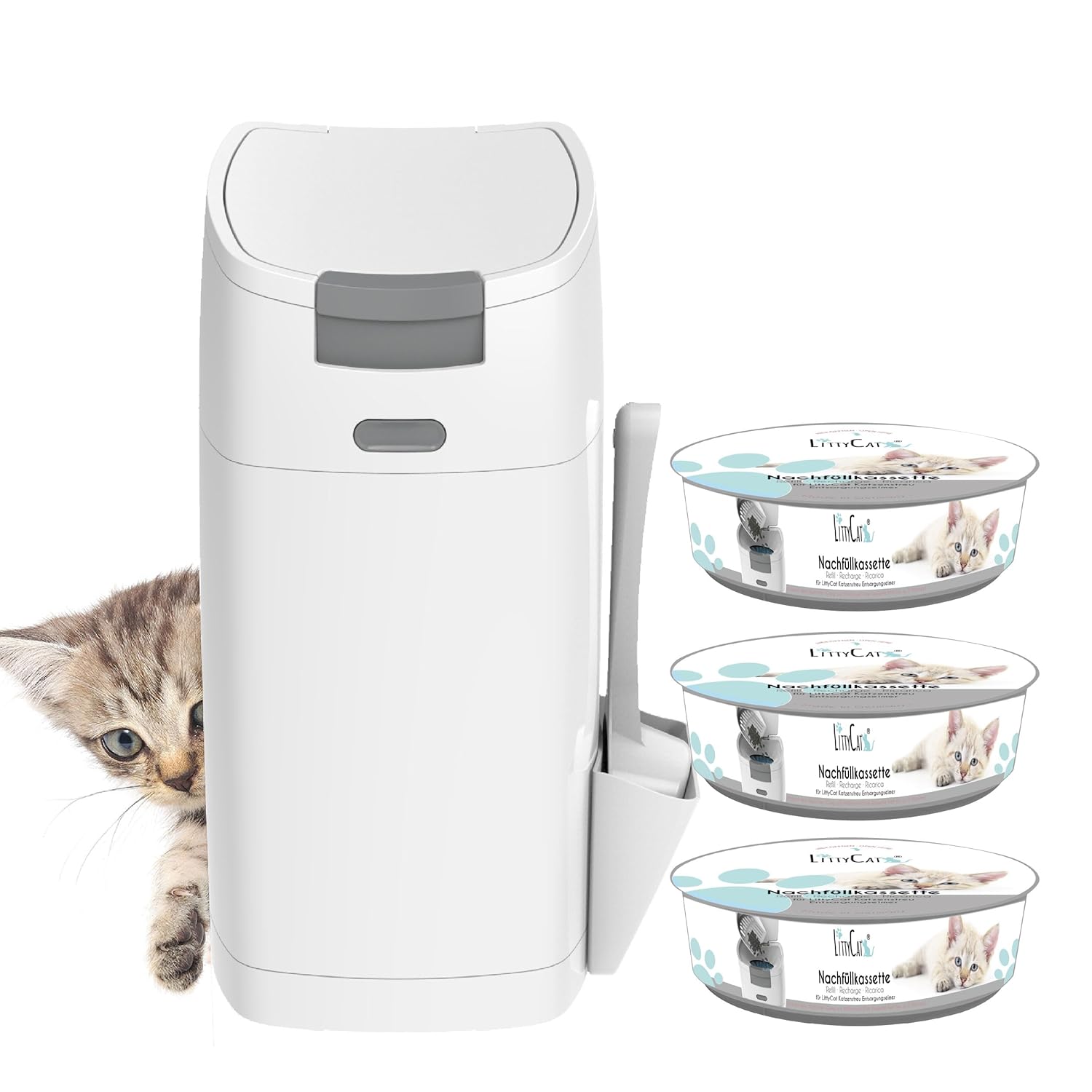 Littycat Katzenstreu-Entsorgungsbehälter mit Schaufel, inkl. 3 Nachfüllkassetten, Katzentoilettenbehälter in Weiß/Grau Littycat Katzenstreu-Entsorgungsbehälter mit Schaufel, inkl. 3 Nachfüllkassetten, Katzentoilettenbehälter in Weiß/Grau