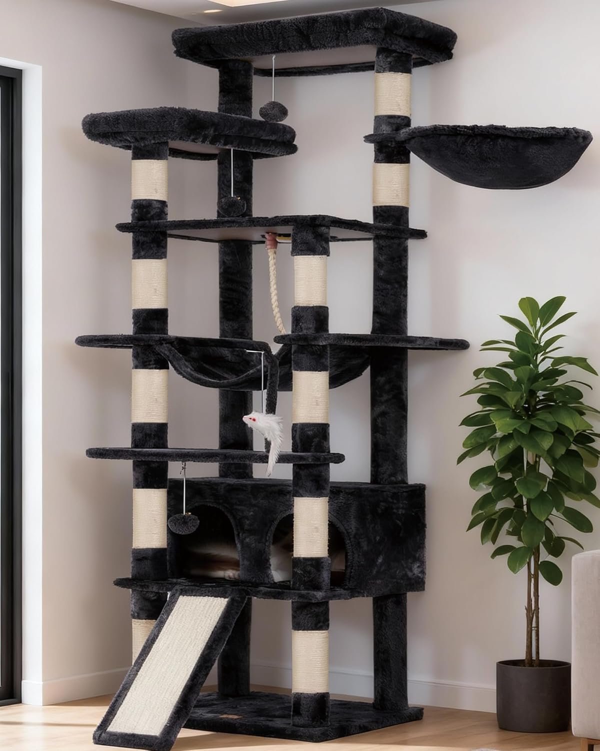 Heybly HCT033G Katzenkratzbaum, 200 cm hoher Katzenbaum mit 11 Kratzbäumen, große Plattformen, 2 Körbe, Hängemattenhöhle, Plüschbälle, mehrstöckiger Katzenkratzbaum, Rauchgrau Heybly HCT033G Katzenkratzbaum, 200 cm hoher Katzenbaum mit 11 Kratzbäumen, große Plattformen, 2 Körbe, Hängemattenhöhle, Plüschbälle, mehrstöckiger Katzenkratzbaum, Rauchgrau