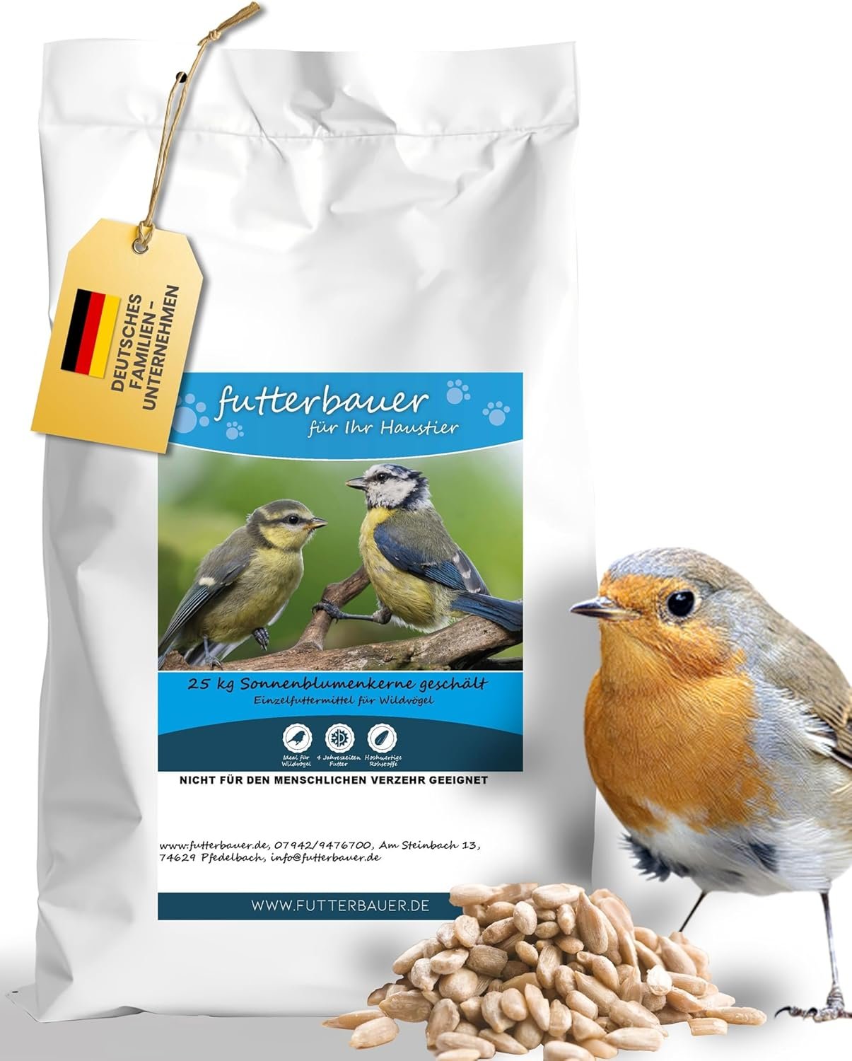 Futterbauer 25 kg geschälte Sonnenblumenkerne für Vögel, 100 % natürlich, nährstoffreiche Energiequelle für Wildvögel, ohne Schalen & Abfall, ideal für Futterstationen, frisch & hochwertig, Ernte 2025 Futterbauer 25 kg geschälte Sonnenblumenkerne für Vögel, 100 % natürlich, nährstoffreiche Energiequelle für Wildvögel, ohne Schalen & Abfall, ideal für Futterstationen, frisch & hochwertig, Ernte 2025