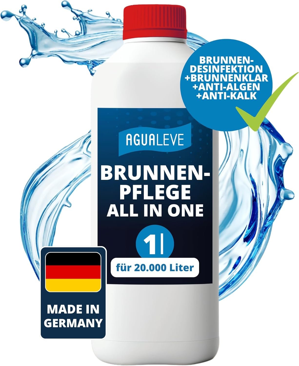 AGUALEVE® Brunnenpflege All in One 1 Liter, Desinfektionsmittel, Algenschutz, Kalkschutz und glasklare Wirkung, geeignet für alle Brunnen, die nicht säureempfindlich sind, hergestellt in Deutschland AGUALEVE® Brunnenpflege All in One 1 Liter, Desinfektionsmittel, Algenschutz, Kalkschutz und glasklare Wirkung, geeignet für alle Brunnen, die nicht säureempfindlich sind, hergestellt in Deutschland