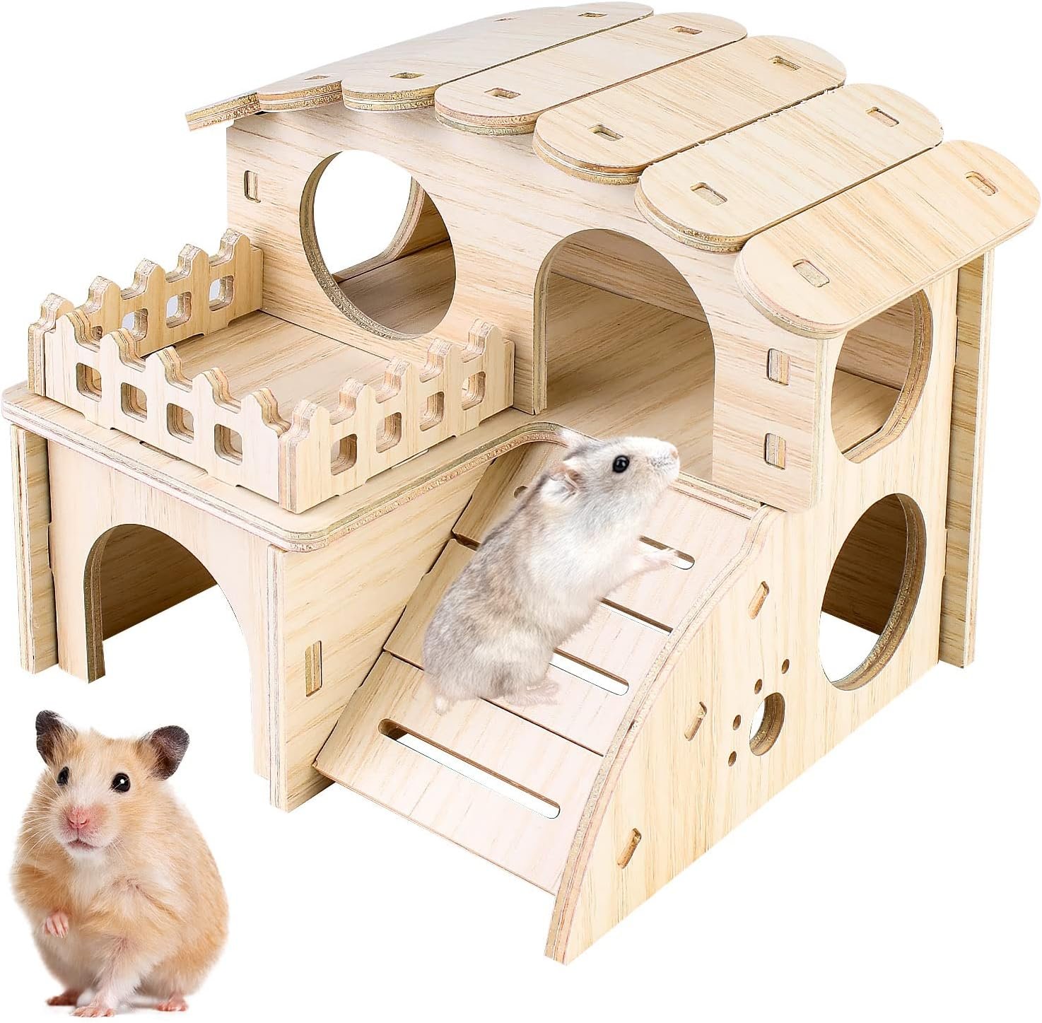 Vegena Hamster-Eckhaus, Hamsterhaus aus Holz, 2 Ebenen, Hamsterkäfig, Versteck, Eckboden, Dekorationszubehör für Zwerghamster, Rennmäuse, Degus, Stacheln Vegena Hamster-Eckhaus, Hamsterhaus aus Holz, 2 Ebenen, Hamsterkäfig, Versteck, Eckboden, Dekorationszubehör für Zwerghamster, Rennmäuse, Degus, Stacheln