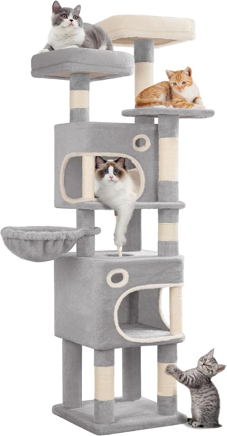 Hzuaneri MS15918LG Katzenkratzbaum mit 8 Kratzbäumen, 3 Plattformen, 2 Höhlen, Korb, Plüschbällen, Sisalseil, geeignet für Katzen verschiedener Größen, Hellgrau Hzuaneri MS15918LG Katzenkratzbaum mit 8 Kratzbäumen, 3 Plattformen, 2 Höhlen, Korb, Plüschbällen, Sisalseil, geeignet für Katzen verschiedener Größen, Hellgrau