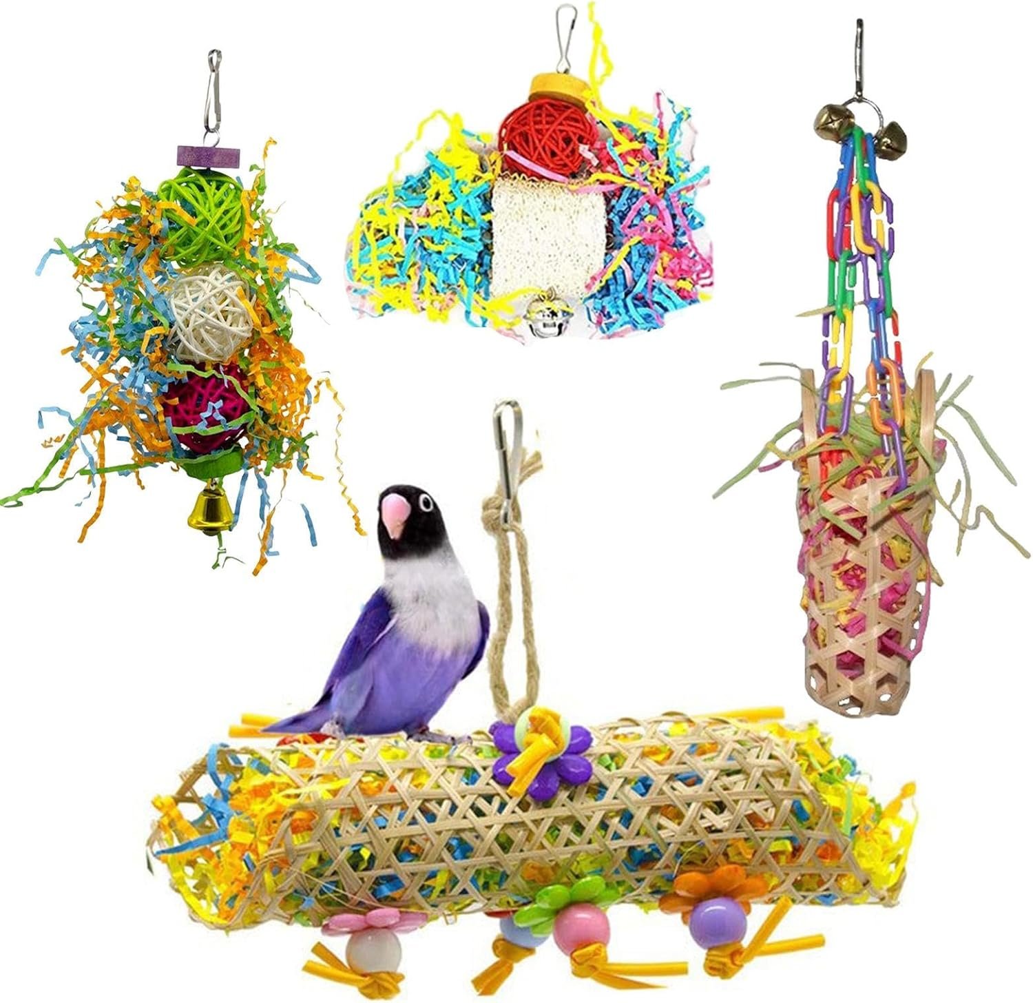 4er-Pack Kauspielzeug für Vögel – farbenfrohes Futterspielzeug für Sittiche – kommt mit einem Haken oder Seil zum Aufhängen oben an Vogelkäfigen oder Sitzstangen, für kleine Sittiche, Nymphensittiche 4er-Pack Kauspielzeug für Vögel – farbenfrohes Futterspielzeug für Sittiche – kommt mit einem Haken oder Seil zum Aufhängen oben an Vogelkäfigen oder Sitzstangen, für kleine Sittiche, Nymphensittiche