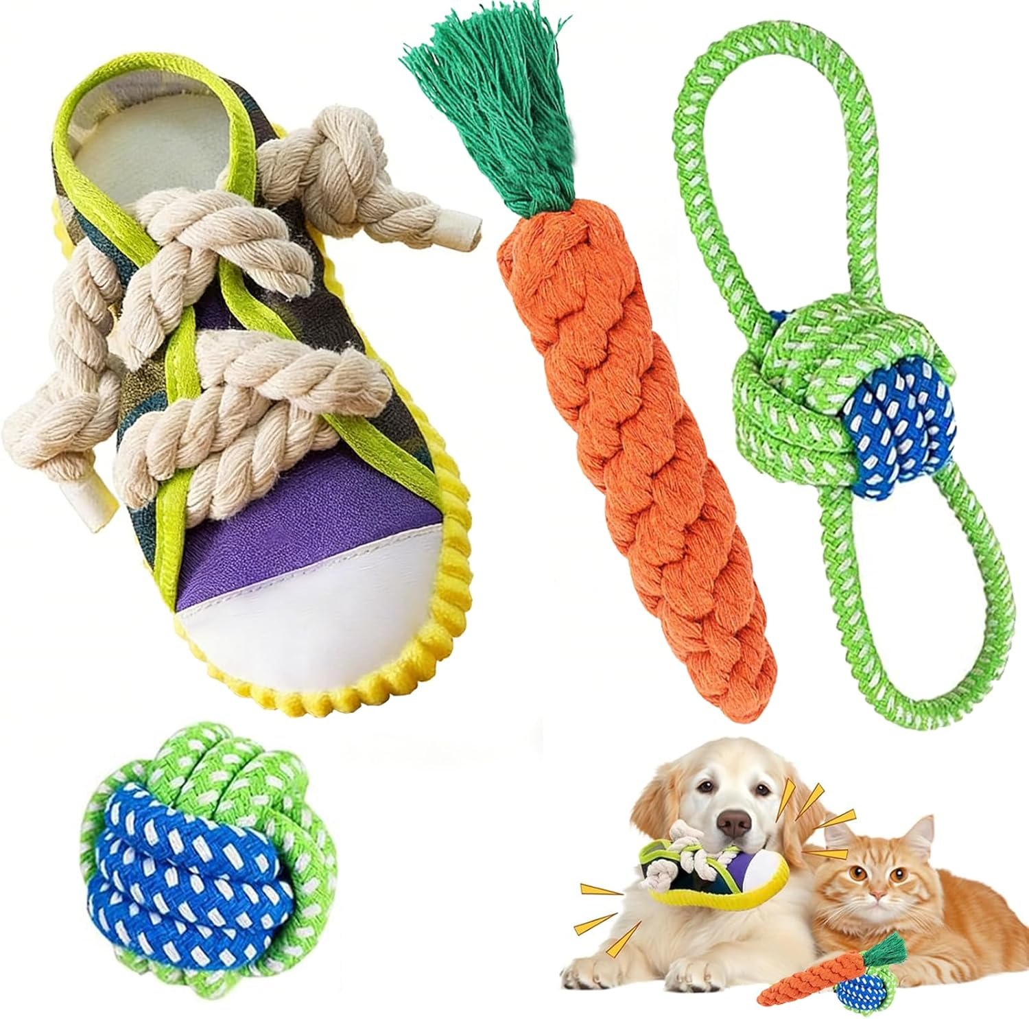 4 Stück Kauspielzeugseil, quietschende Hundespielzeugschuhe, Zerrspielzeug, interaktives Haustier-Kauspielzeug, geflochtene natürliche Baumwolle für Zahnreinigung, Stressabbau, Training 4 Stück Kauspielzeugseil, quietschende Hundespielzeugschuhe, Zerrspielzeug, interaktives Haustier-Kauspielzeug, geflochtene natürliche Baumwolle für Zahnreinigung, Stressabbau, Training