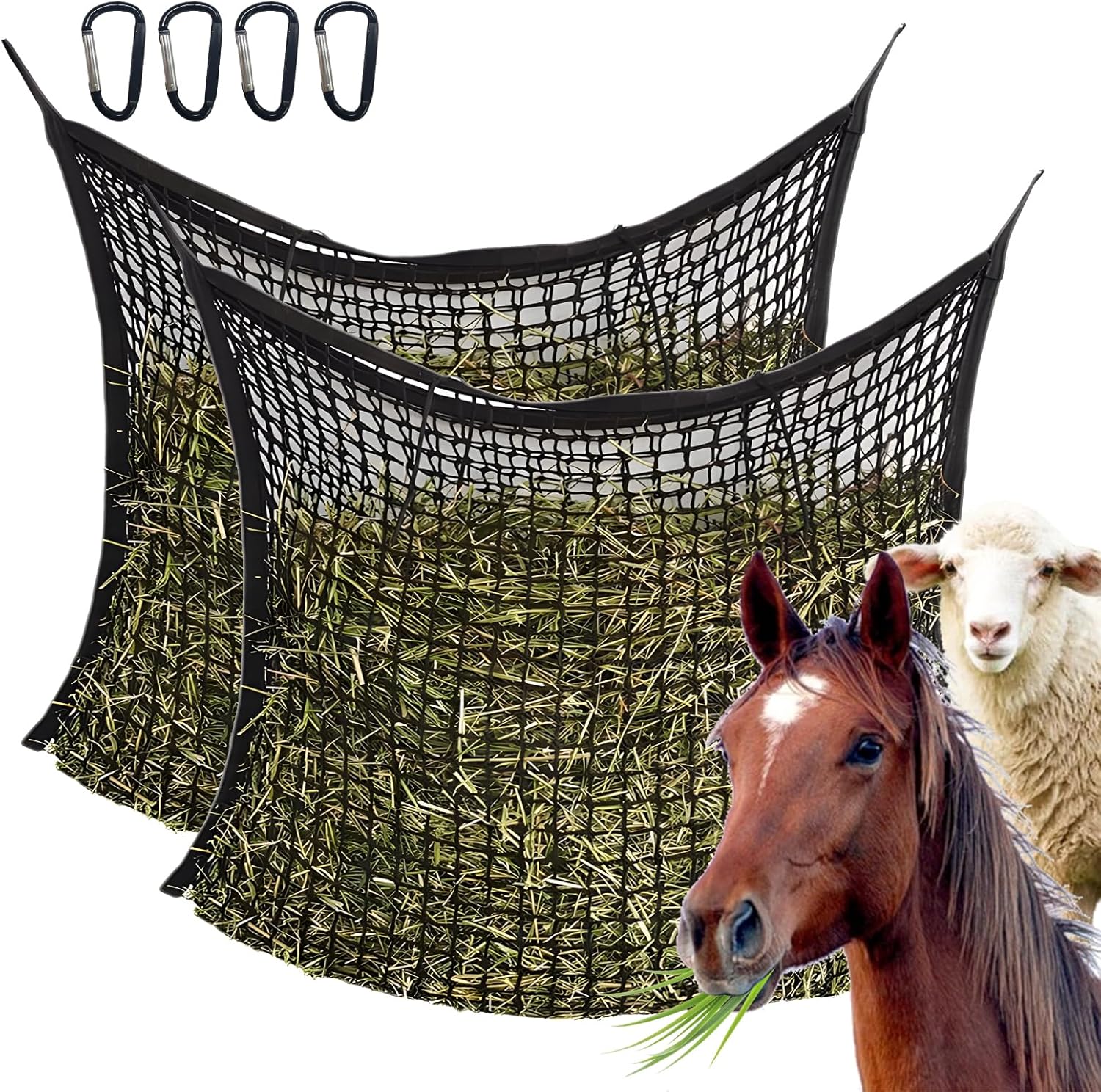 2 Stück Heunetz für Pferde, Heunetz 90 x 80 cm, Maschenweite 4,5 x 4,5 cm, Futternetz mit Sicherheitsverschluss, Tragkraft 6 kg, Reduziert Heuverschwendung in Heusäcken (Schwarz) 2 Stück Heunetz für Pferde, Heunetz 90 x 80 cm, Maschenweite 4,5 x 4,5 cm, Futternetz mit Sicherheitsverschluss, Tragkraft 6 kg, Reduziert Heuverschwendung in Heusäcken (Schwarz)