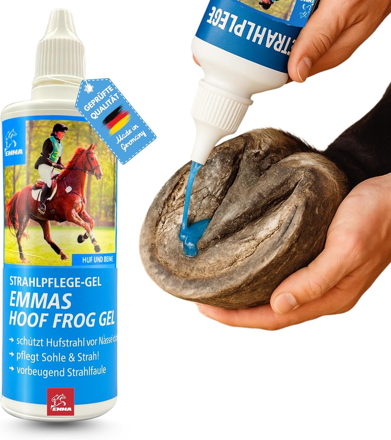 EMMA Jet Care Pferd 120 ml, Intensivstrahlmittel gegen weichen Strahl & Geruch, Erste-Hilfe-Gel bei Nässe & Strahlfäule, Hufpflege für Hufstrahl & Hufsohle, Offenstall & Box EMMA Jet Care Pferd 120 ml, Intensivstrahlmittel gegen weichen Strahl & Geruch, Erste-Hilfe-Gel bei Nässe & Strahlfäule, Hufpflege für Hufstrahl & Hufsohle, Offenstall & Box