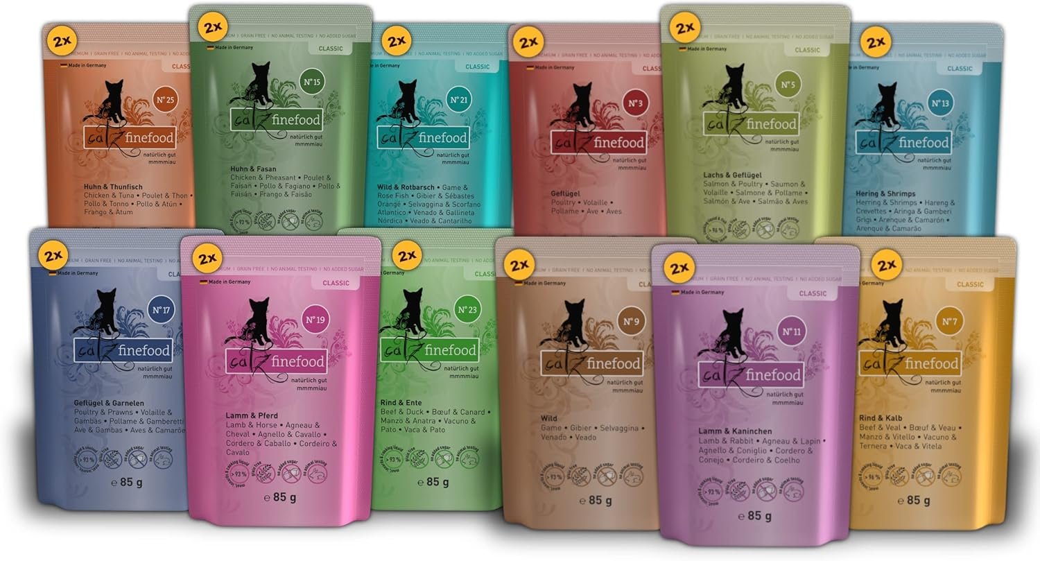 catz finefood Classic Collection Mix Pack Nassfutter für Katzen – Feinkost-Nassfutter für Ihre Katze ohne Getreide und Zucker mit hohem Fleischanteil, 24 x 85 g Beutel catz finefood Classic Collection Mix Pack Nassfutter für Katzen – Feinkost-Nassfutter für Ihre Katze ohne Getreide und Zucker mit hohem Fleischanteil, 24 x 85 g Beutel