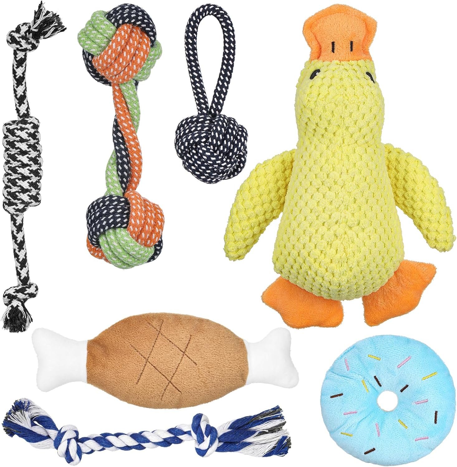 7-teiliges Welpenspielzeug-Set – Plüsch-Hundespielzeug mit Quietscher, Kauspielzeug & Seil für kleine Hunde – Spielzeug zur Bindungsförderung & Zubehör für junge Hunde 7-teiliges Welpenspielzeug-Set – Plüsch-Hundespielzeug mit Quietscher, Kauspielzeug & Seil für kleine Hunde – Spielzeug zur Bindungsförderung & Zubehör für junge Hunde