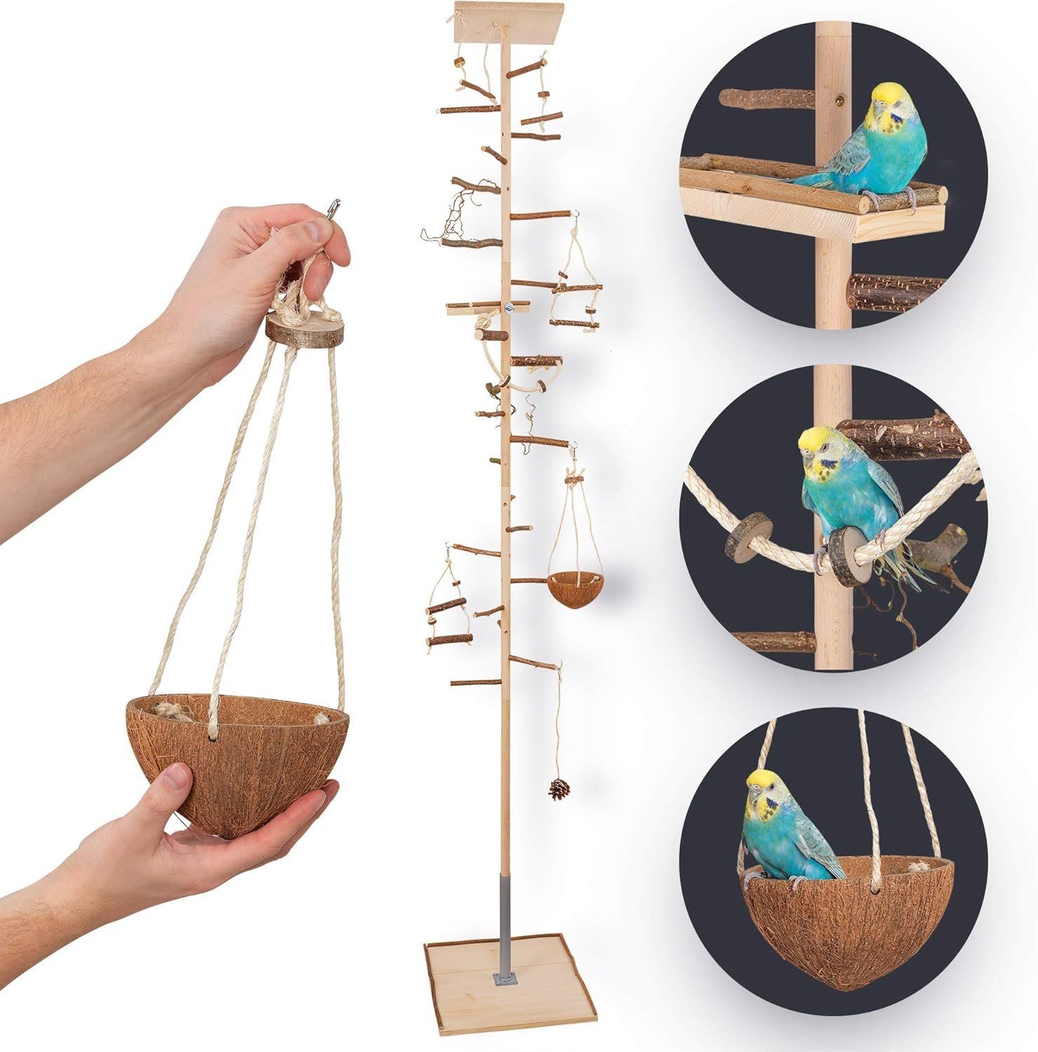 Attraktion: Deckenhoher Vogelkletterbaum mit vielen Sitzstangen aus Naturholz, Vogelspielzeug und Vogelschaukel – Vogelspielplatz, offene Sitzstange und Freifluglandeplatz – für Wellensittiche, Nymphensittiche & Co. Attraktion: Deckenhoher Vogelkletterbaum mit vielen Sitzstangen aus Naturholz, Vogelspielzeug und Vogelschaukel – Vogelspielplatz, offene Sitzstange und Freifluglandeplatz – für Wellensittiche, Nymphensittiche & Co.