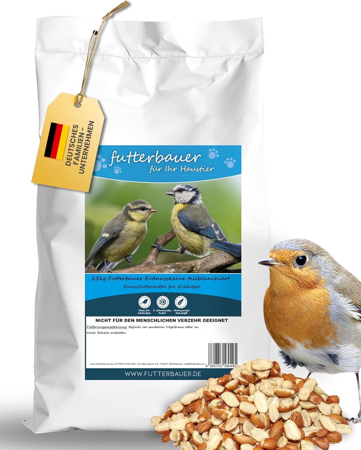 Futterbauer Erdnüsse teilblanchiert 25 kg, Ambrosia-kontrolliertes Vogelfutter, Erdnusskerne für Wildvögel, energiereiches Streufutter Futterbauer Erdnüsse teilblanchiert 25 kg, Ambrosia-kontrolliertes Vogelfutter, Erdnusskerne für Wildvögel, energiereiches Streufutter
