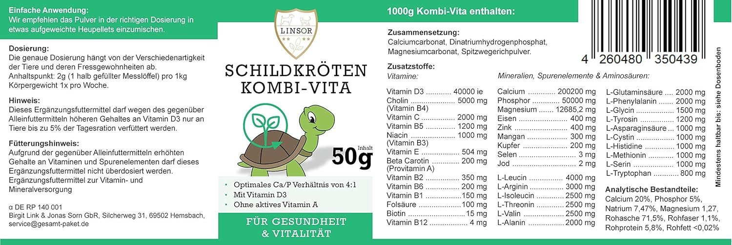 Turtles Kombi-Vita, Vitamine für Landschildkröten, Ergänzungsfuttermittel, 50 g Pulver Turtles Kombi-Vita, Vitamine für Landschildkröten, Ergänzungsfuttermittel, 50 g Pulver