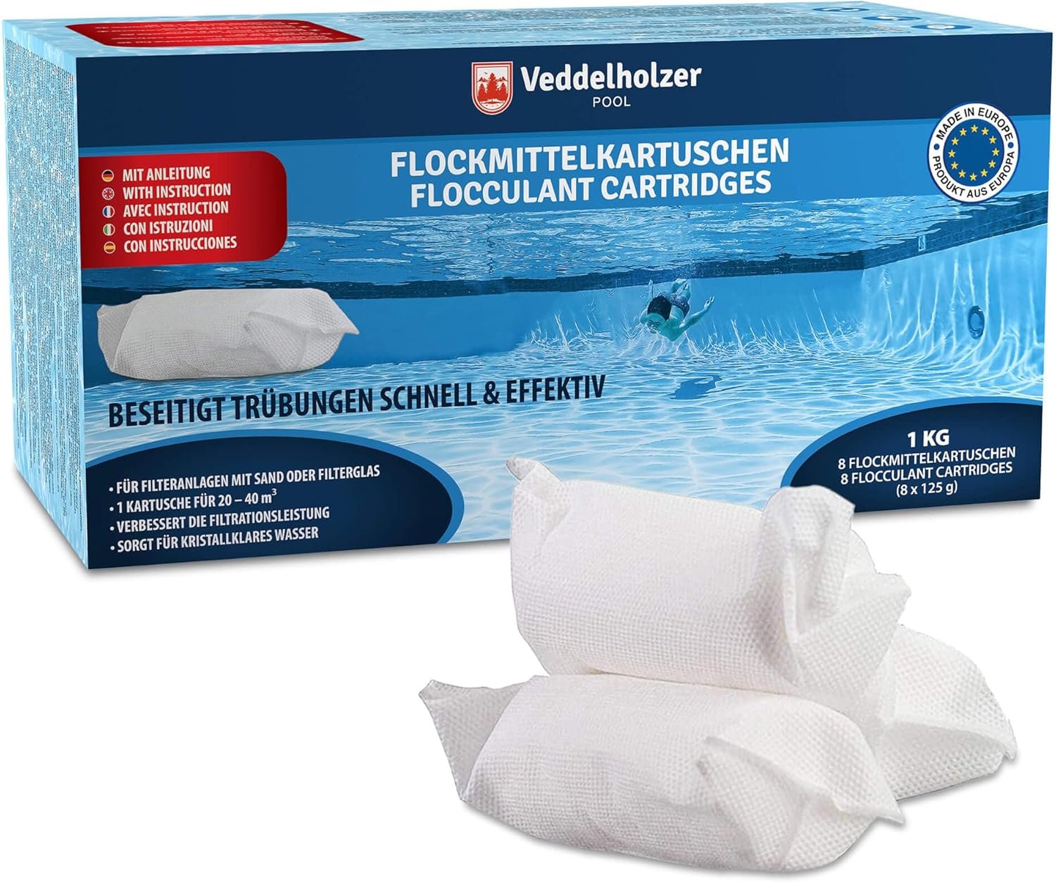 Veddelholzer 1 kg Flockungsmittel Poolkartuschen, 8 x 125 g für Filteranlagen, Sand und Glas, Poolflockungsmittel als Poolreiniger, Poolklar, Poolpflege, Poolzubehör für klares Wasser. Veddelholzer 1 kg Flockungsmittel Poolkartuschen, 8 x 125 g für Filteranlagen, Sand und Glas, Poolflockungsmittel als Poolreiniger, Poolklar, Poolpflege, Poolzubehör für klares Wasser.