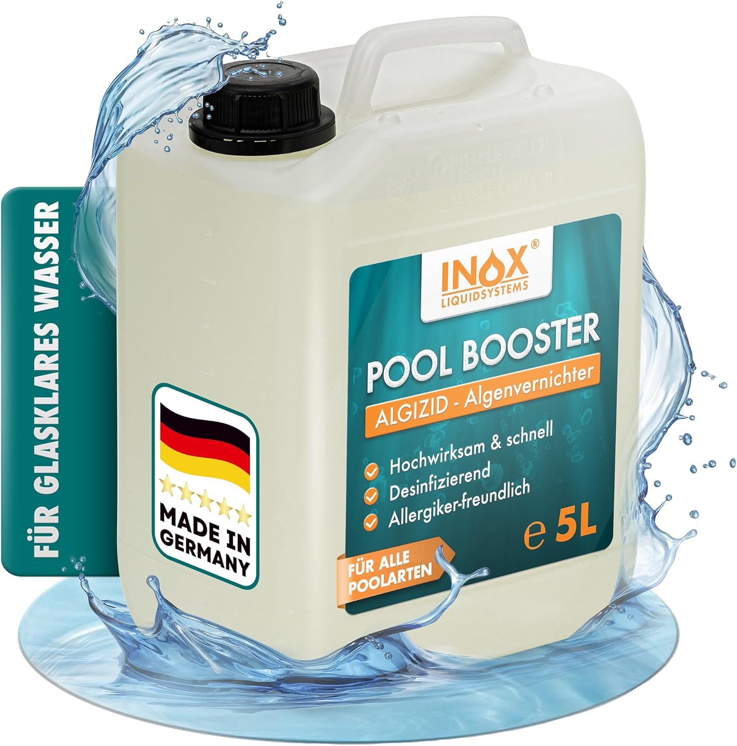 INOX® Pool Booster 5 L – Hochwirksames Algizid für Pool | Flüssiger Algenvernichter mit klärender Wirkung | Desinfizierender Poolreiniger gegen Algen, Bakterien und Keime INOX® Pool Booster 5 L – Hochwirksames Algizid für Pool | Flüssiger Algenvernichter mit klärender Wirkung | Desinfizierender Poolreiniger gegen Algen, Bakterien und Keime