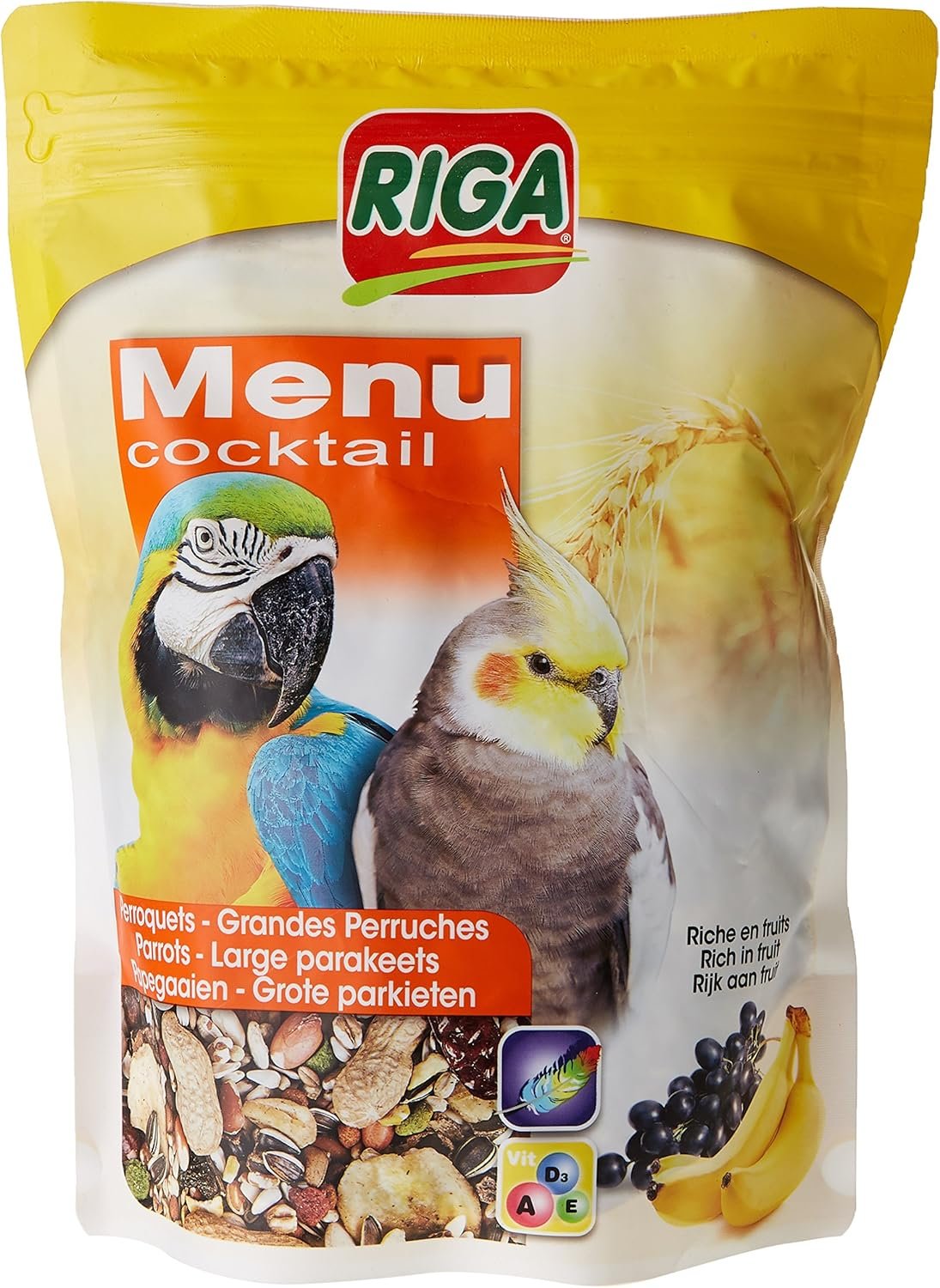 Riga – Menu Cocktail – Leckerbissen für Papageien und Papageien – Getreidemischung, reich an Früchten – Vitaminquelle – energiereiches und ausgewogenes Futter – Doypack 500 g Riga – Menu Cocktail – Leckerbissen für Papageien und Papageien – Getreidemischung, reich an Früchten – Vitaminquelle – energiereiches und ausgewogenes Futter – Doypack 500 g