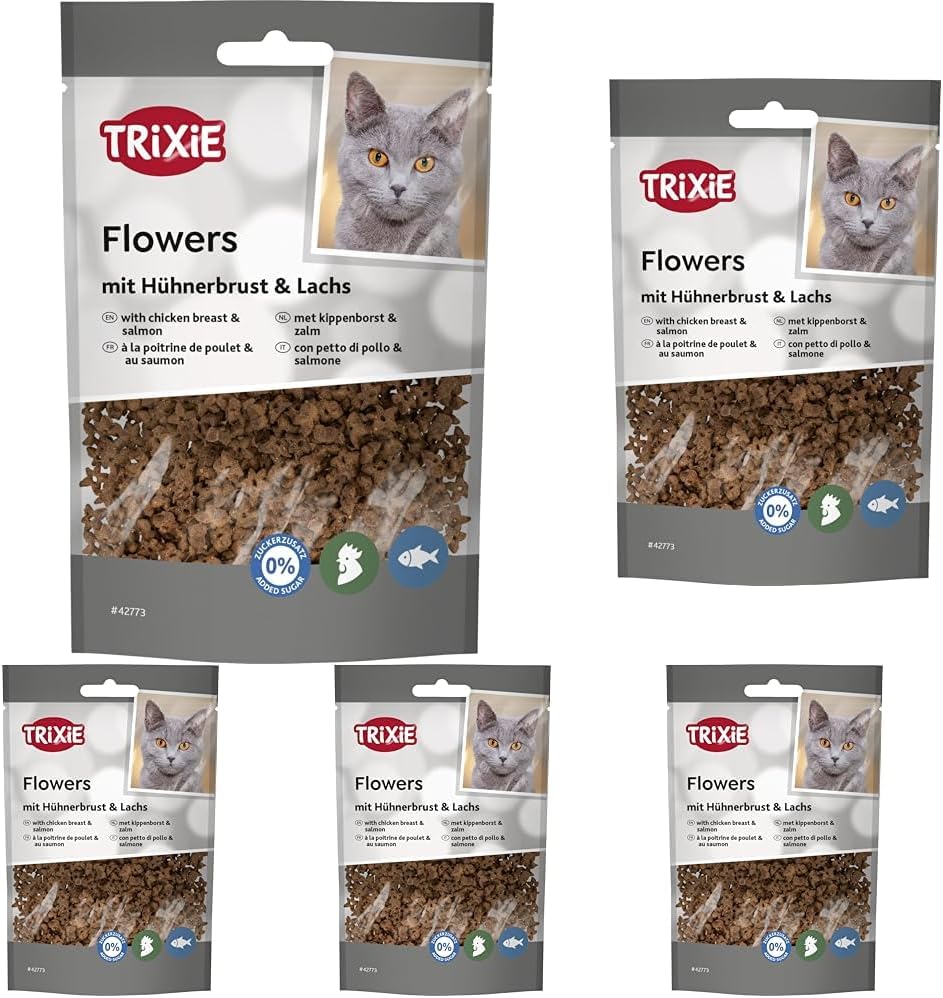 Trixie Katzensnack Blumen aus ausgewählten Zutaten 50 g, leckere Katzensnacks mit Hähnchenbrust & Lachs – 42773 (5er Pack) Trixie Katzensnack Blumen aus ausgewählten Zutaten 50 g, leckere Katzensnacks mit Hähnchenbrust & Lachs – 42773 (5er Pack)