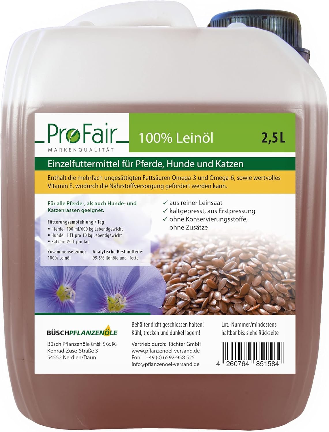 2,5 l Leinöl kaltgepresst, 100 % reine Leinsamen, ohne Zusatzstoffe, Einzelfuttermittel für Pferde, Hunde und Katzen 2,5 l Leinöl kaltgepresst, 100 % reine Leinsamen, ohne Zusatzstoffe, Einzelfuttermittel für Pferde, Hunde und Katzen