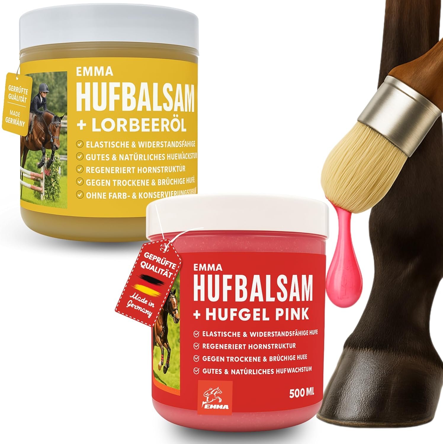 EMMA Huffett Pferde mit Lorbeeröl 2 x 0,5 l Hufgel Pink & Gelb I Hufbalsam für Pferde, gesunde Hufe I Hufpflege mit Pinsel gegen trockene Hufe und Jet Rot auftragen, mittleres Huffettstrahlen bei Pferden EMMA Huffett Pferde mit Lorbeeröl 2 x 0,5 l Hufgel Pink & Gelb I Hufbalsam für Pferde, gesunde Hufe I Hufpflege mit Pinsel gegen trockene Hufe und Jet Rot auftragen, mittleres Huffettstrahlen bei Pferden