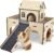 Großes 3-in-1-Meerschweinchenhaus aus Holz, XXL 2-stöckiges Kleintierversteck mit Dach, Treppe und Matten, Meerschweinchenzubehör, abnehmbare Versteckbereiche für Hamster, Kaninchen und Chinchillas